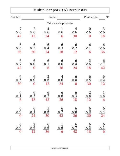 La hoja de ejercicios de Multiplicar (Factores de 0 a 7) por 6 (49 Preguntas) (A) Página 2