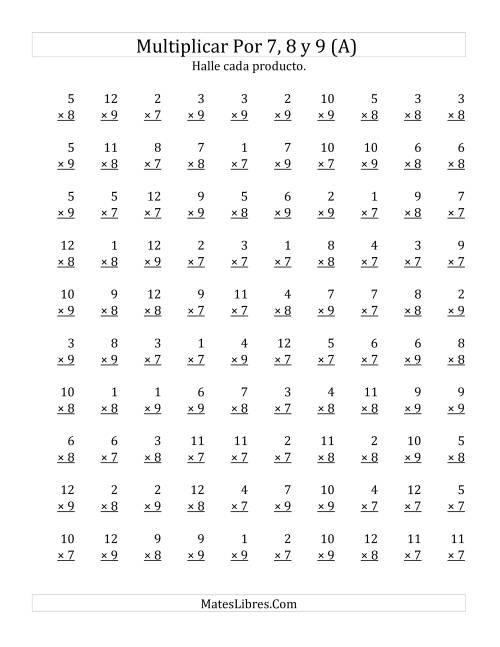 La hoja de ejercicios de Multiplicar de 1 a 12 por 7, 8 y 9 (A)