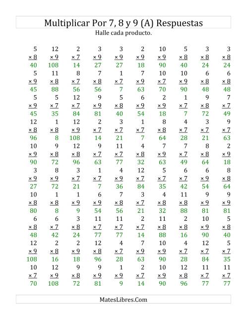 La hoja de ejercicios de Multiplicar de 1 a 12 por 7, 8 y 9 (A) Página 2