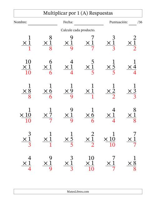 La hoja de ejercicios de Multiplicar (Factores de 1 a 10) por 1 (36 Preguntas) (A) Página 2