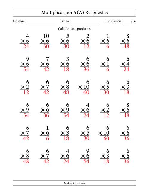 La hoja de ejercicios de Multiplicar (Factores de 1 a 10) por 6 (36 Preguntas) (A) Página 2