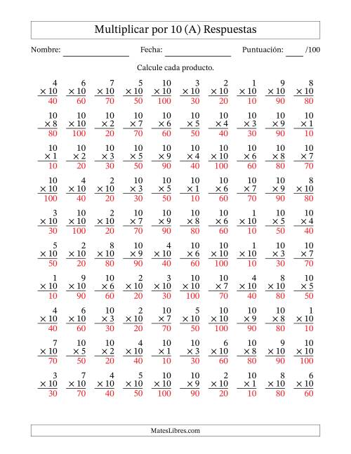 La hoja de ejercicios de Multiplicar (Factores de 1 a 10) por 10 (100 Preguntas) (A) Página 2