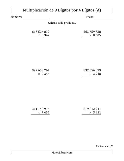 La hoja de ejercicios de Multiplicar Números de 9 Dígitos por 4 Dígitos Usando Espacios como Separadores de Millares (A)