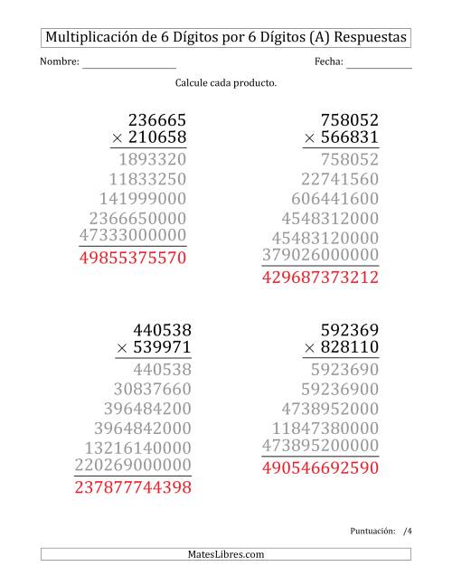 La hoja de ejercicios de Multiplicar Números de 6 Dígitos por 6 Dígitos (Formato Grande) (A) Página 2