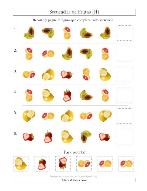 La hoja de ejercicios de Secuencias de Imágenes de Frutas Cambiando los Atributos Forma y Rotación (H)