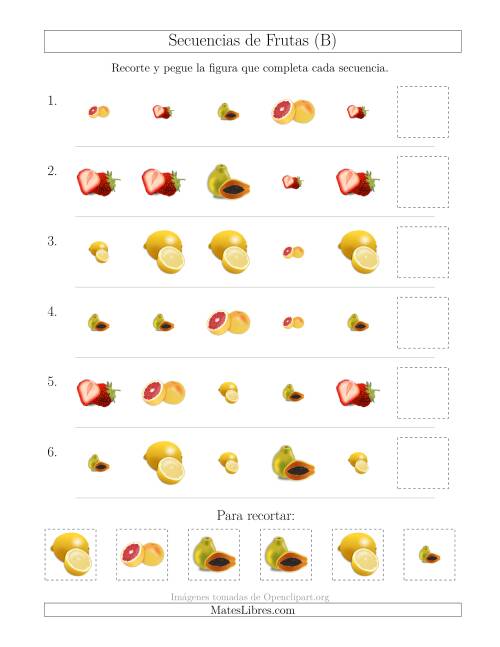La hoja de ejercicios de Secuencias de Imágenes de Frutas Cambiando los Atributos Forma y Tamaño (B)