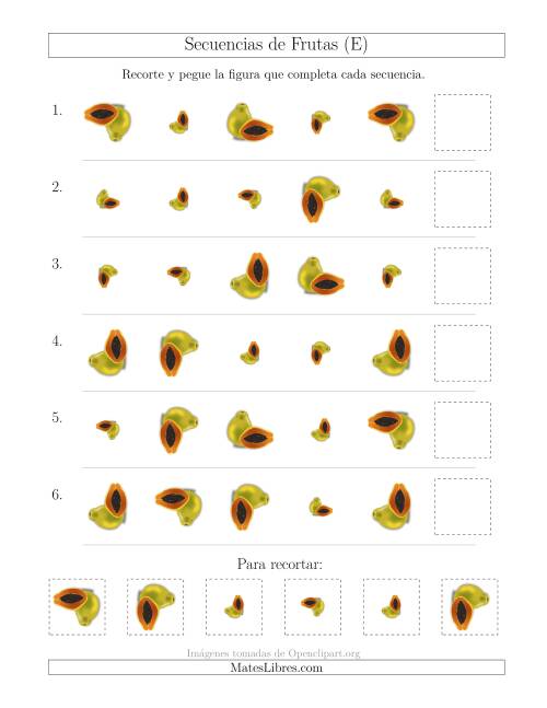 La hoja de ejercicios de Secuencias de Imágenes de Frutas Cambiando los Atributos Tamaño y Rotación (E)