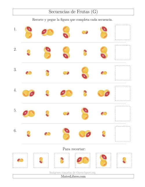 La hoja de ejercicios de Secuencias de Imágenes de Frutas Cambiando los Atributos Tamaño y Rotación (G)