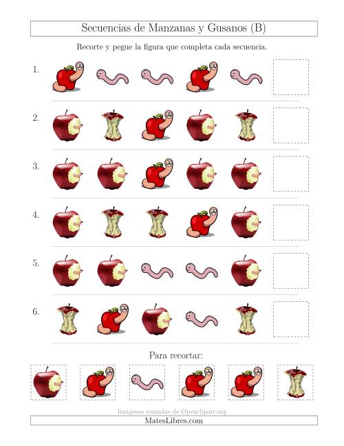 La hoja de ejercicios de Secuencias de Imágenes de Manzanas y Gusanos Cambiando el Atributo Forma (B)
