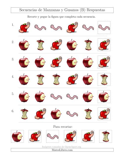 La hoja de ejercicios de Secuencias de Imágenes de Manzanas y Gusanos Cambiando el Atributo Forma (B) Página 2