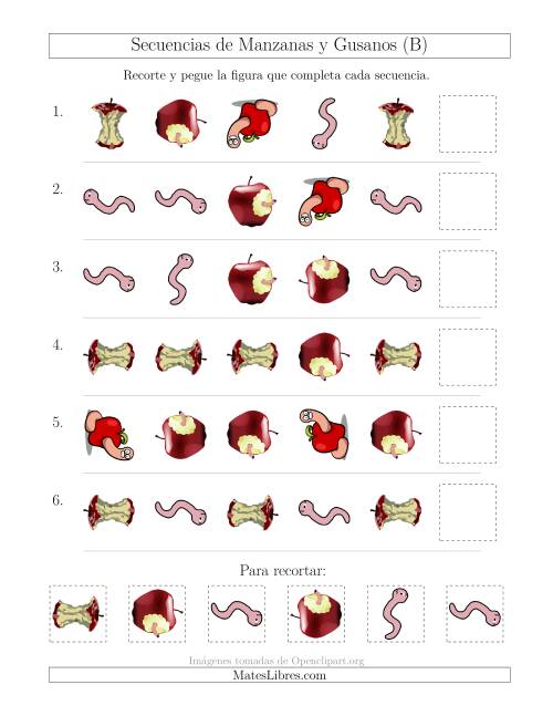 La hoja de ejercicios de Secuencias de Imágenes de Manzanas y Gusanos Cambiando los Atributos Forma y Rotación (B)