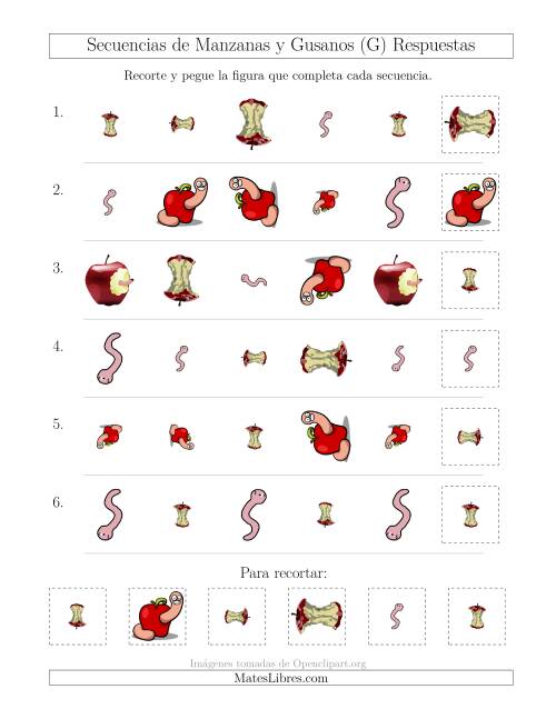 La hoja de ejercicios de Secuencias de Imágenes de Manzanas y Gusanos Cambiando los Atributos Forma, Tamaño y Rotación (G) Página 2