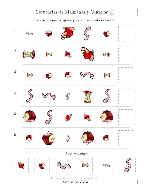 La hoja de ejercicios de Secuencias de Imágenes de Manzanas y Gusanos Cambiando los Atributos Forma, Tamaño y Rotación (I)