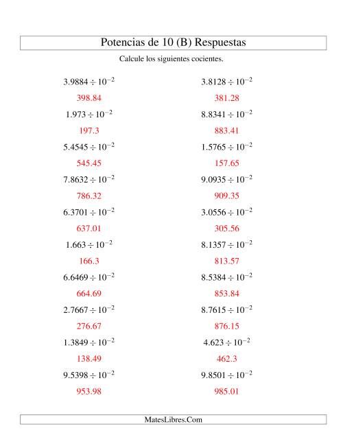 La hoja de ejercicios de Dividir Decimales por Potencias Negativas de 10 (Exponencial) (B) Página 2