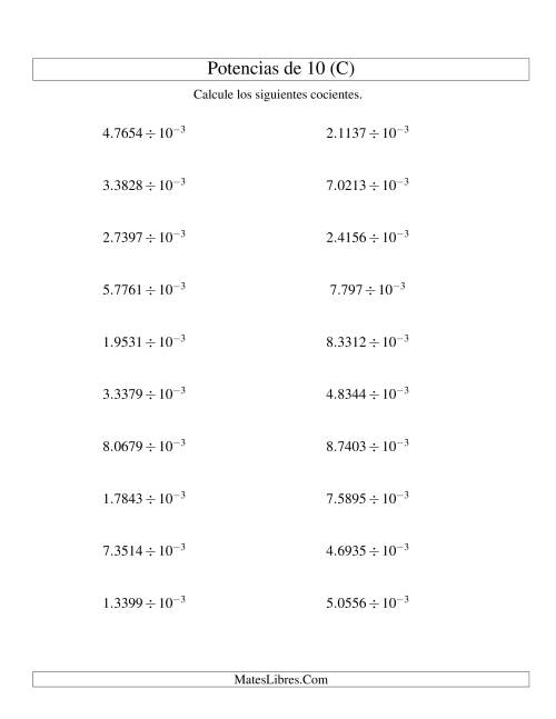 La hoja de ejercicios de Dividir Decimales por Potencias Negativas de 10 (Exponencial) (C)