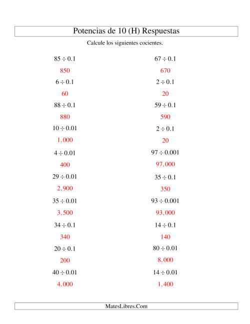 La hoja de ejercicios de Dividir Enteros por Potencias Negativas de 10 (Estándar) (H) Página 2