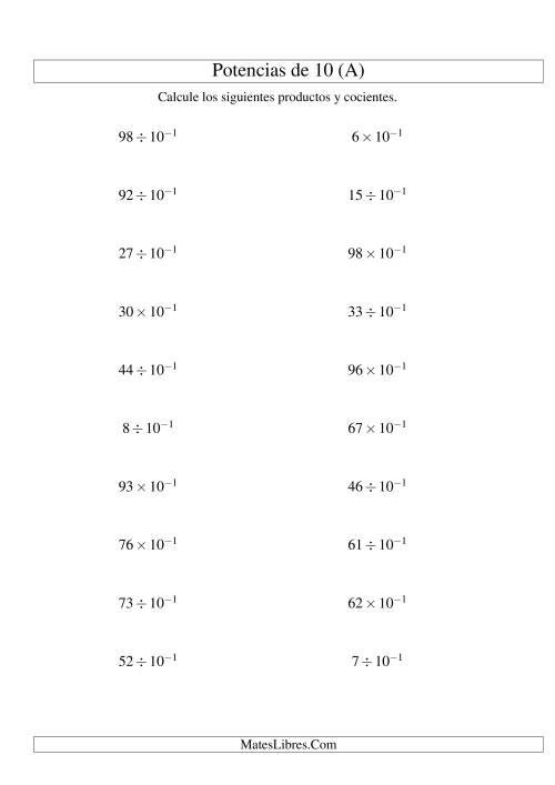 La hoja de ejercicios de Multiplicar y Dividir Enteros por Potencias Negativas de 10 (Exponencial) (A)