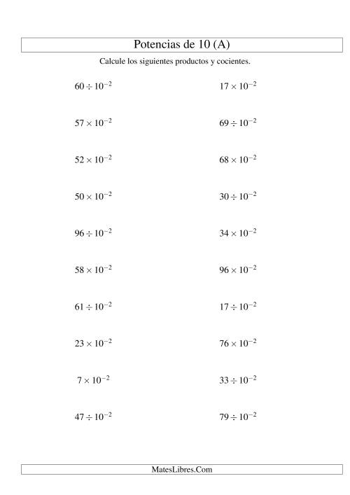 La hoja de ejercicios de Multiplicar y Dividir Enteros por Potencias Negativas de 10 (Exponencial) (A)
