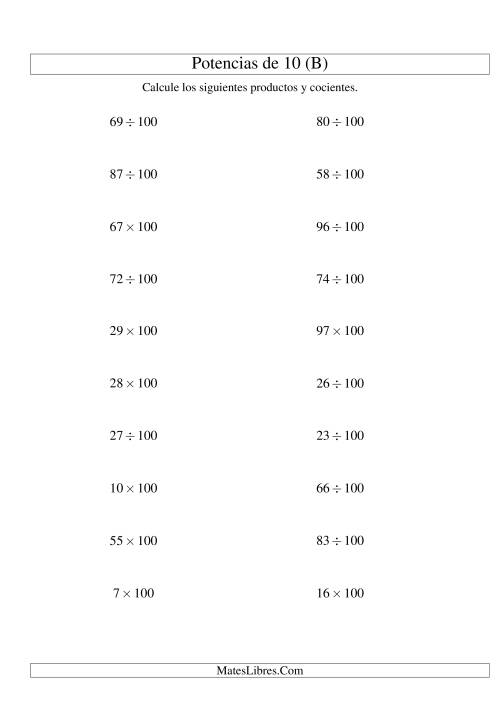 La hoja de ejercicios de Multiplicar y Dividir Enteros por Potencias Positivas de 10 (Estándar) (B)