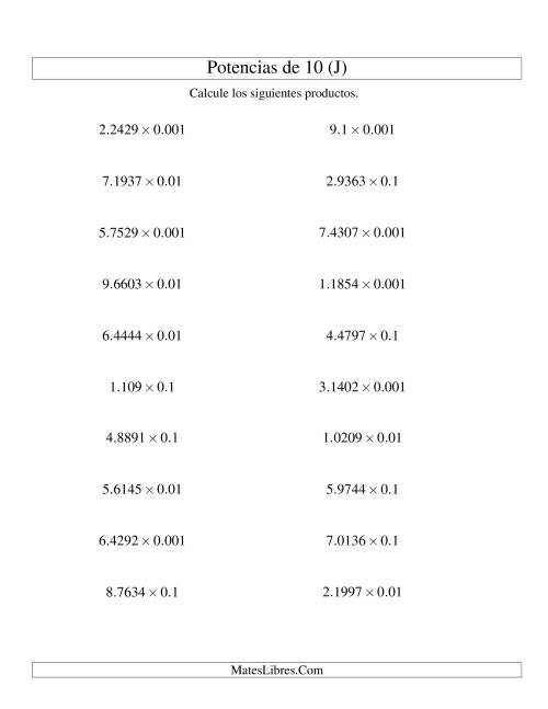 La hoja de ejercicios de Multiplicar Decimales por Potencias Negativas de 10 (Estándar) (J)