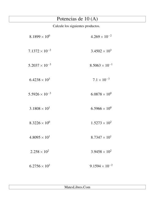 La hoja de ejercicios de Multiplicar Decimales por Potencias Positivas y Negativas de 10 (Exponencial) (A)