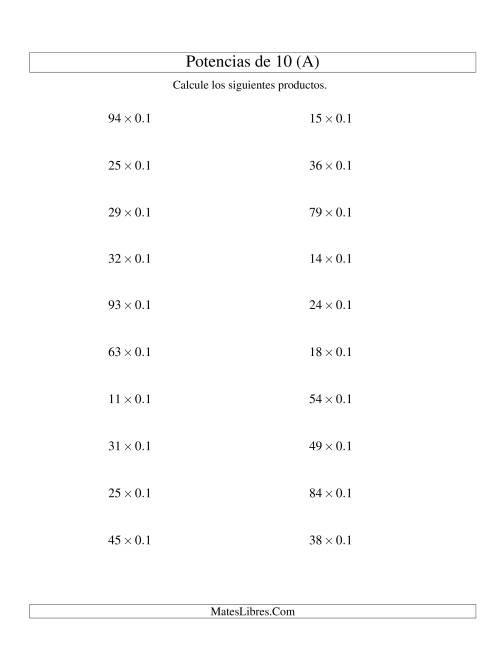La hoja de ejercicios de Multiplicar Enteros por Potencias Negativas de 10 (Estándar) (A)