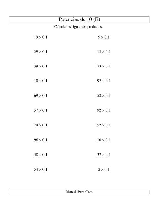 La hoja de ejercicios de Multiplicar Enteros por Potencias Negativas de 10 (Estándar) (E)