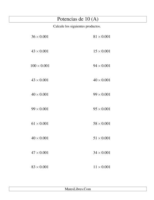 La hoja de ejercicios de Multiplicar Enteros por Potencias Negativas de 10 (Estándar) (A)