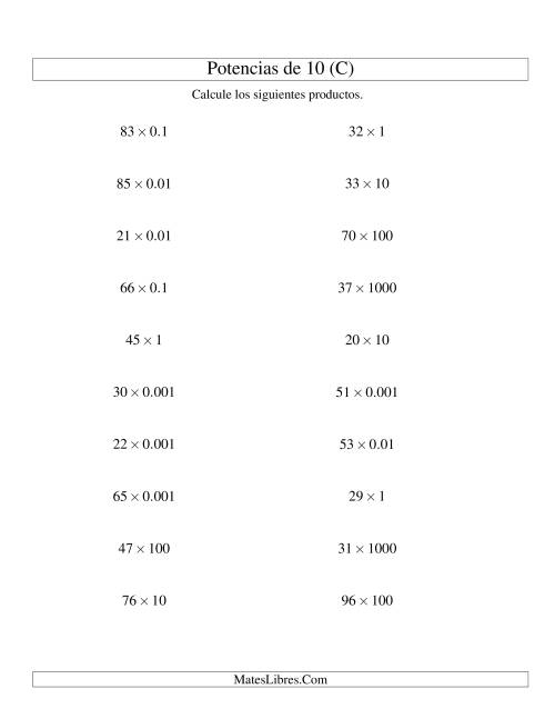 La hoja de ejercicios de Multiplicar Enteros por Potencias Positivas y Negativas de 10 (Estándar) (C)