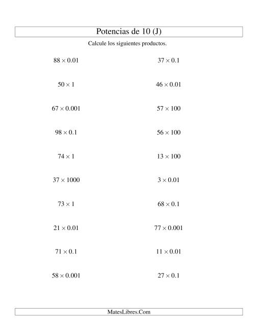 La hoja de ejercicios de Multiplicar Enteros por Potencias Positivas y Negativas de 10 (Estándar) (J)