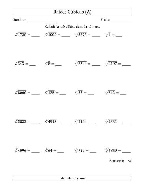 La hoja de ejercicios de Raíces cúbicas con números de 1 a 20 (A)