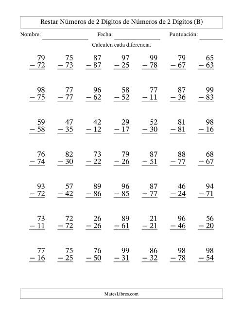 La hoja de ejercicios de Restar números de 2 dígitos de números de 2 dígitos, sin acarreo (49 preguntas) (B)