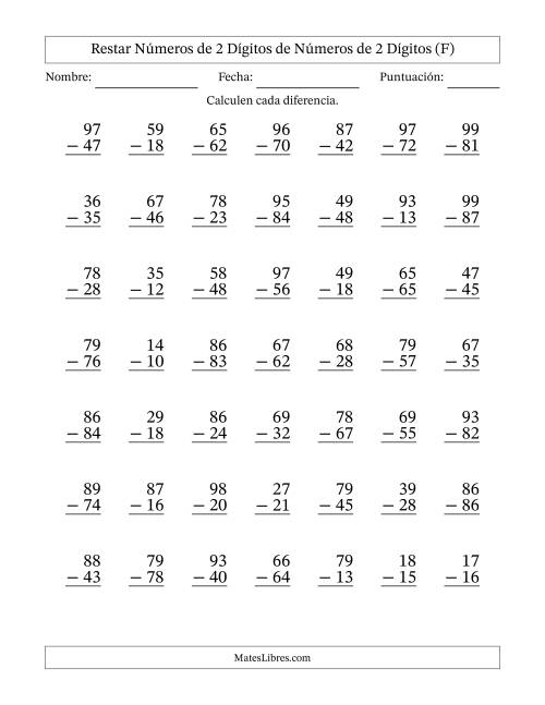 La hoja de ejercicios de Restar números de 2 dígitos de números de 2 dígitos, sin acarreo (49 preguntas) (F)