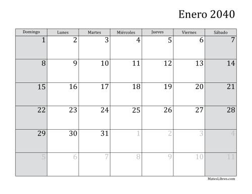 La hoja de ejercicios de Calendario Mensual de 2040 (2040)
