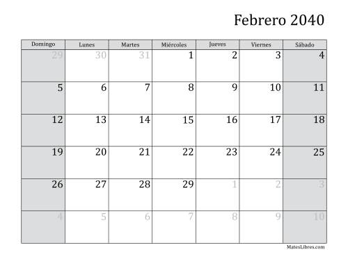 La hoja de ejercicios de Calendario Mensual de 2040 (2040) Página 2