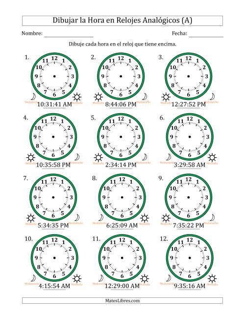 La hoja de ejercicios de Representar la Hora en Relojes Analógicos de 12 Horas en Intervalos de 1 Segundo (12 Relojes) (A)
