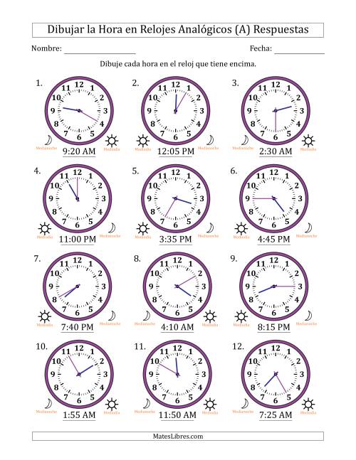 La hoja de ejercicios de Representar la Hora en Relojes Analógicos de 12 Horas en Intervalos de 5 Minuto (12 Relojes) (A) Página 2