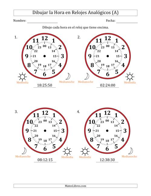 La hoja de ejercicios de Representar la Hora en Relojes Analógicos de 24 Horas en Intervalos de 5 Segundo (4 Relojes Grandes) (A)