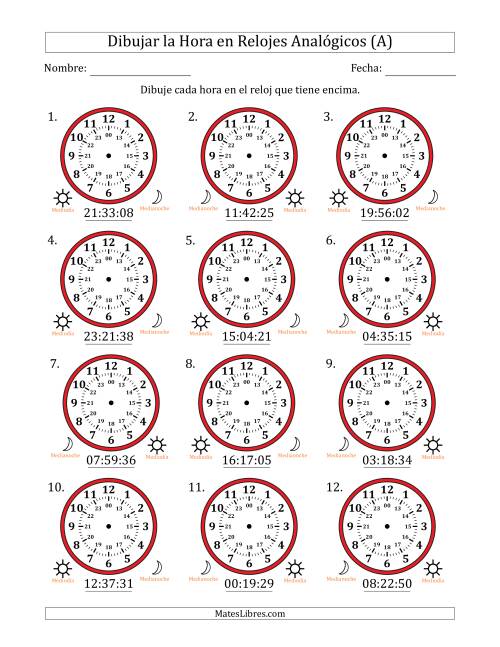 La hoja de ejercicios de Representar la Hora en Relojes Analógicos de 24 Horas en Intervalos de 1 Segundo (12 Relojes) (A)