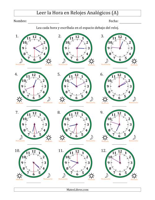 La hoja de ejercicios de Leer la Hora en Relojes Analógicos de 12 Horas en Intervalos de 30 Segundo (12 Relojes) (A)