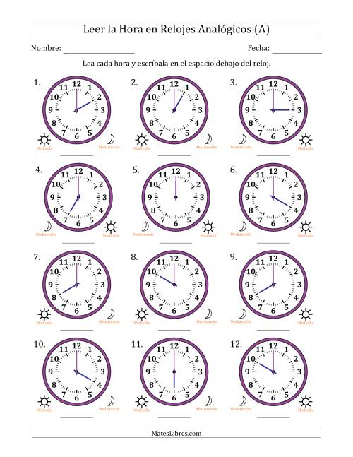 La hoja de ejercicios de Leer la Hora en Relojes Analógicos de 12 Horas en Intervalos de 1 Hora (12 Relojes) (A)