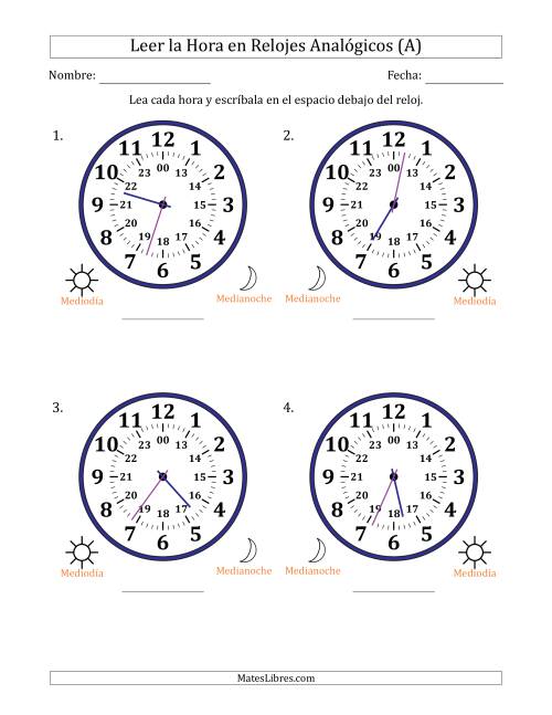 La hoja de ejercicios de Leer la Hora en Relojes Analógicos de 24 Horas en Intervalos de 1 Minuto (4 Relojes Grandes) (A)