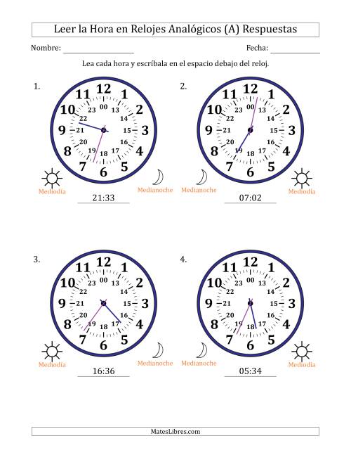 La hoja de ejercicios de Leer la Hora en Relojes Analógicos de 24 Horas en Intervalos de 1 Minuto (4 Relojes Grandes) (A) Página 2