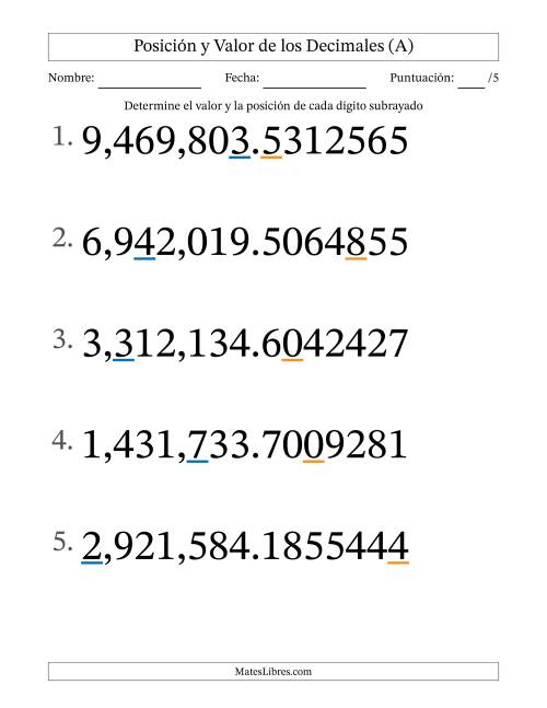 La hoja de ejercicios de Determinar Posición y Valor de Números con Decimales desde Las Diezmillonésimas hasta Los Millones (Formato Grande) (A)