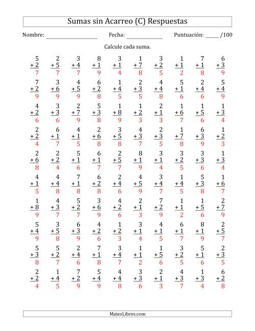 La hoja de ejercicios de 100 Preguntas de Adición de Un Solo Dígito Sin Acarreo (C) Página 2