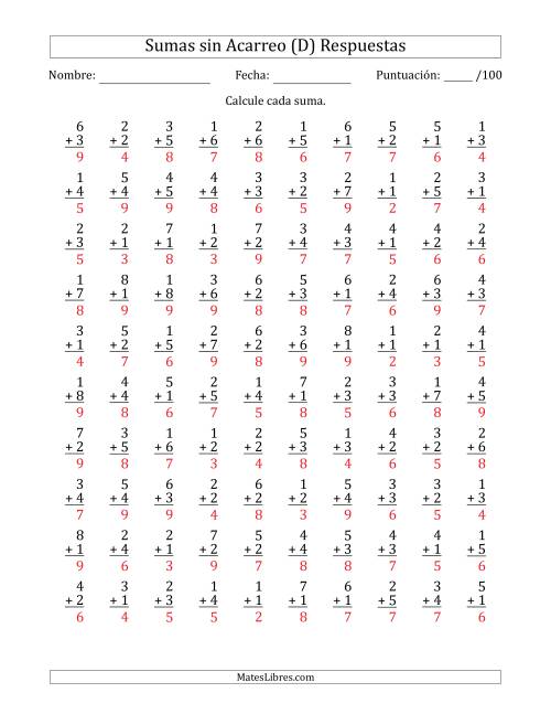 La hoja de ejercicios de 100 Preguntas de Adición de Un Solo Dígito Sin Acarreo (D) Página 2