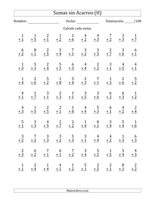 La hoja de ejercicios de 100 Preguntas de Adición de Un Solo Dígito Sin Acarreo (H)