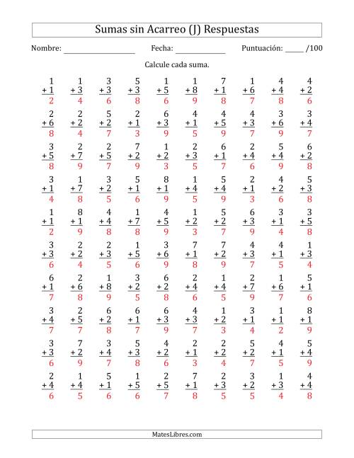 La hoja de ejercicios de 100 Preguntas de Adición de Un Solo Dígito Sin Acarreo (J) Página 2