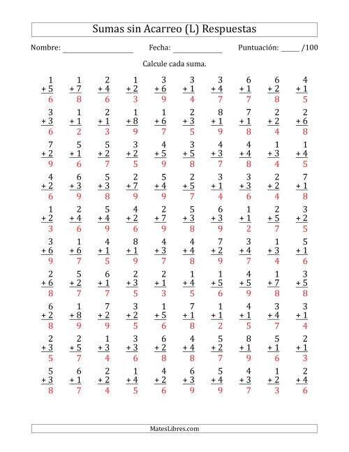 La hoja de ejercicios de 100 Preguntas de Adición de Un Solo Dígito Sin Acarreo (L) Página 2