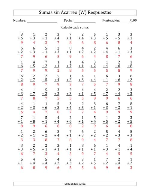 La hoja de ejercicios de 100 Preguntas de Adición de Un Solo Dígito Sin Acarreo (W) Página 2
